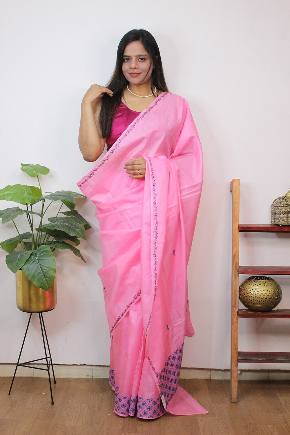 Pink Embroidered Kashmiri Sozni Work Pure Silk Saree - Luxurion World