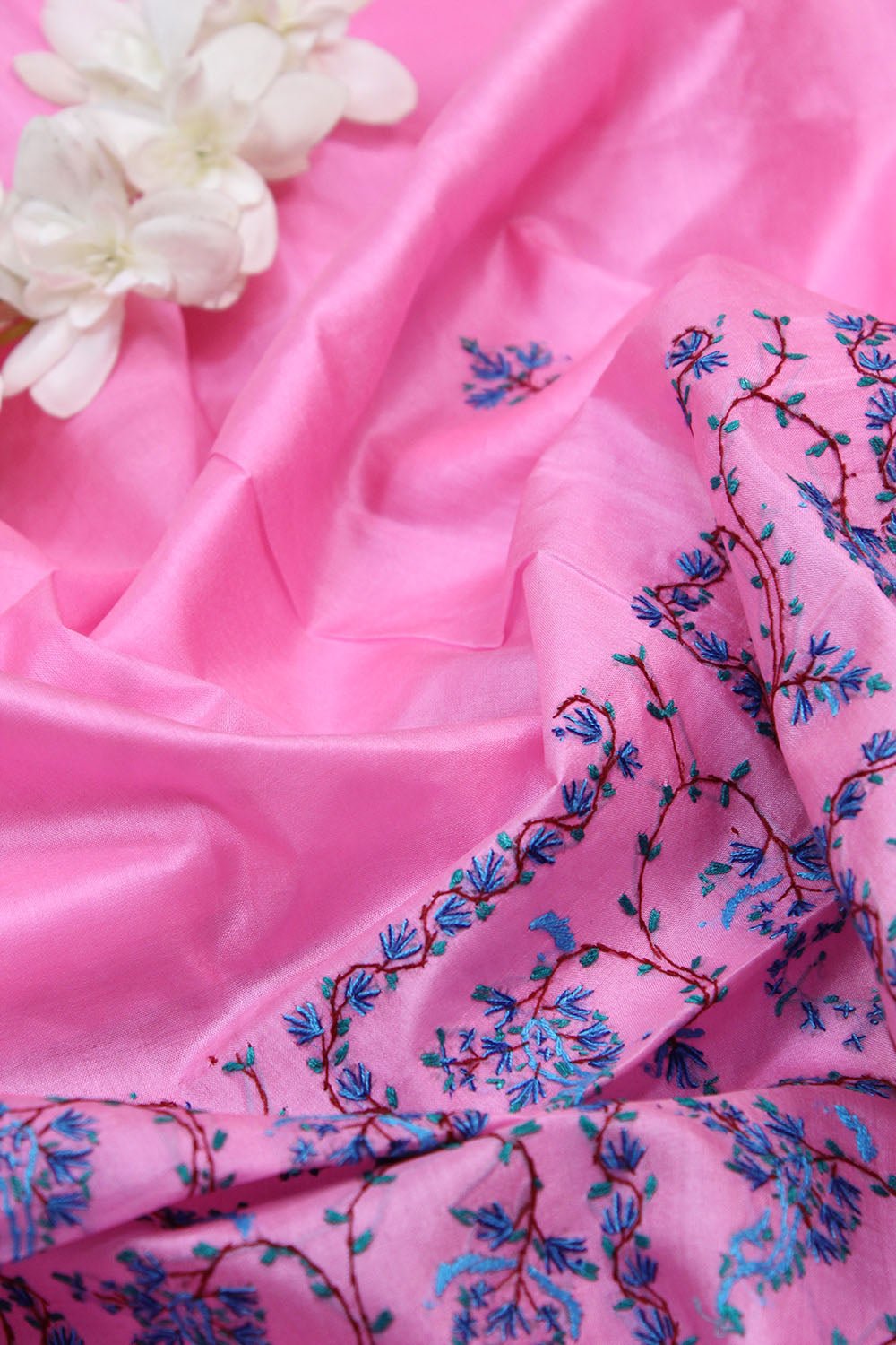 Pink Embroidered Kashmiri Sozni Work Pure Silk Saree - Luxurion World