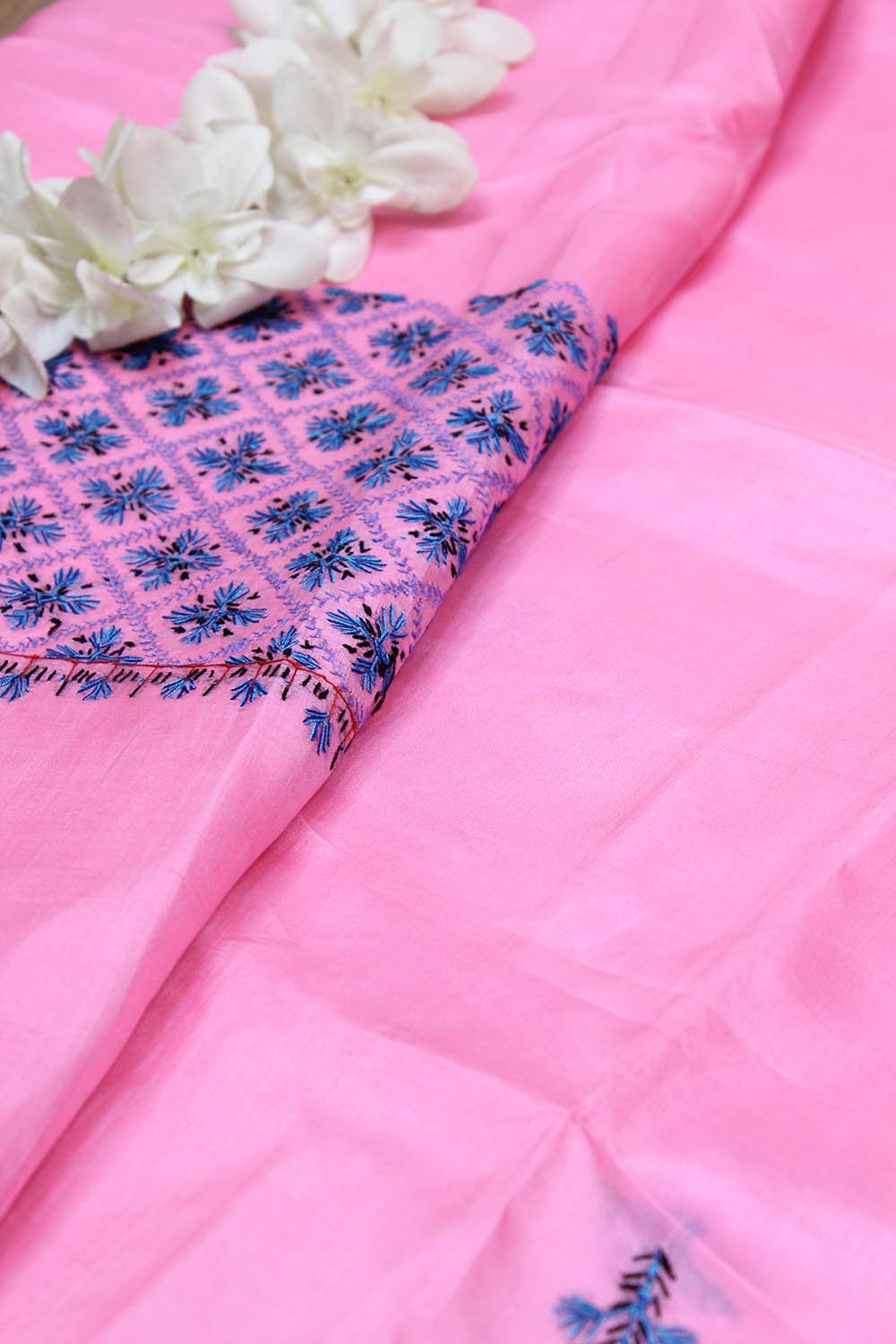 Pink Embroidered Kashmiri Sozni Work Pure Silk Saree - Luxurion World