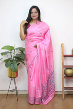 Pink Embroidered Kashmiri Sozni Work Pure Silk Saree - Luxurion World