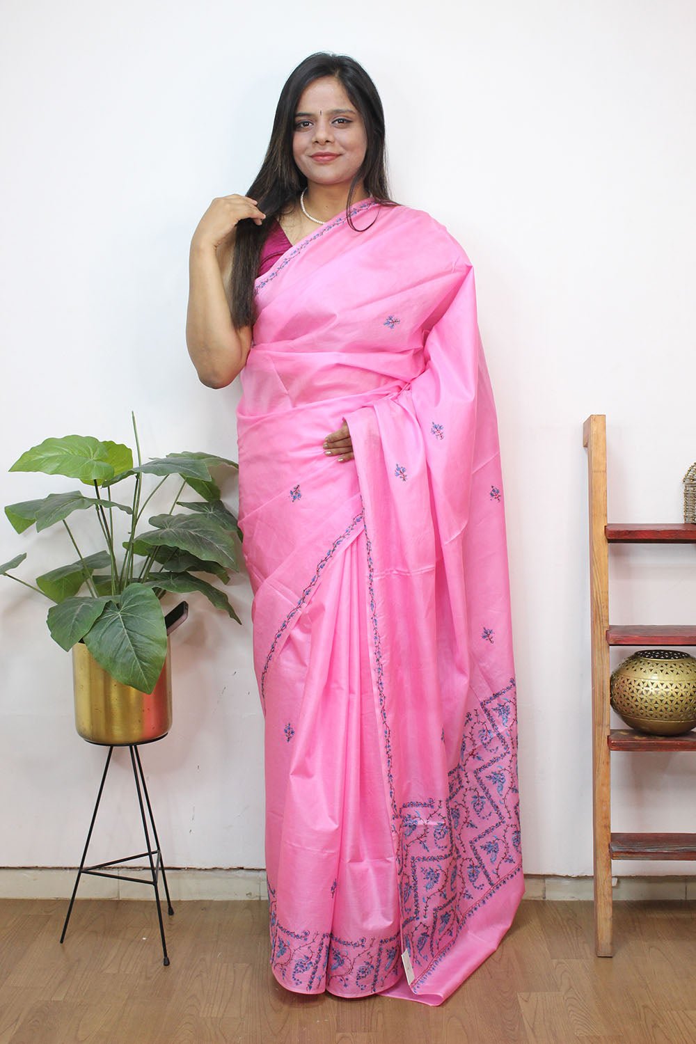 Pink Embroidered Kashmiri Sozni Work Pure Silk Saree - Luxurion World