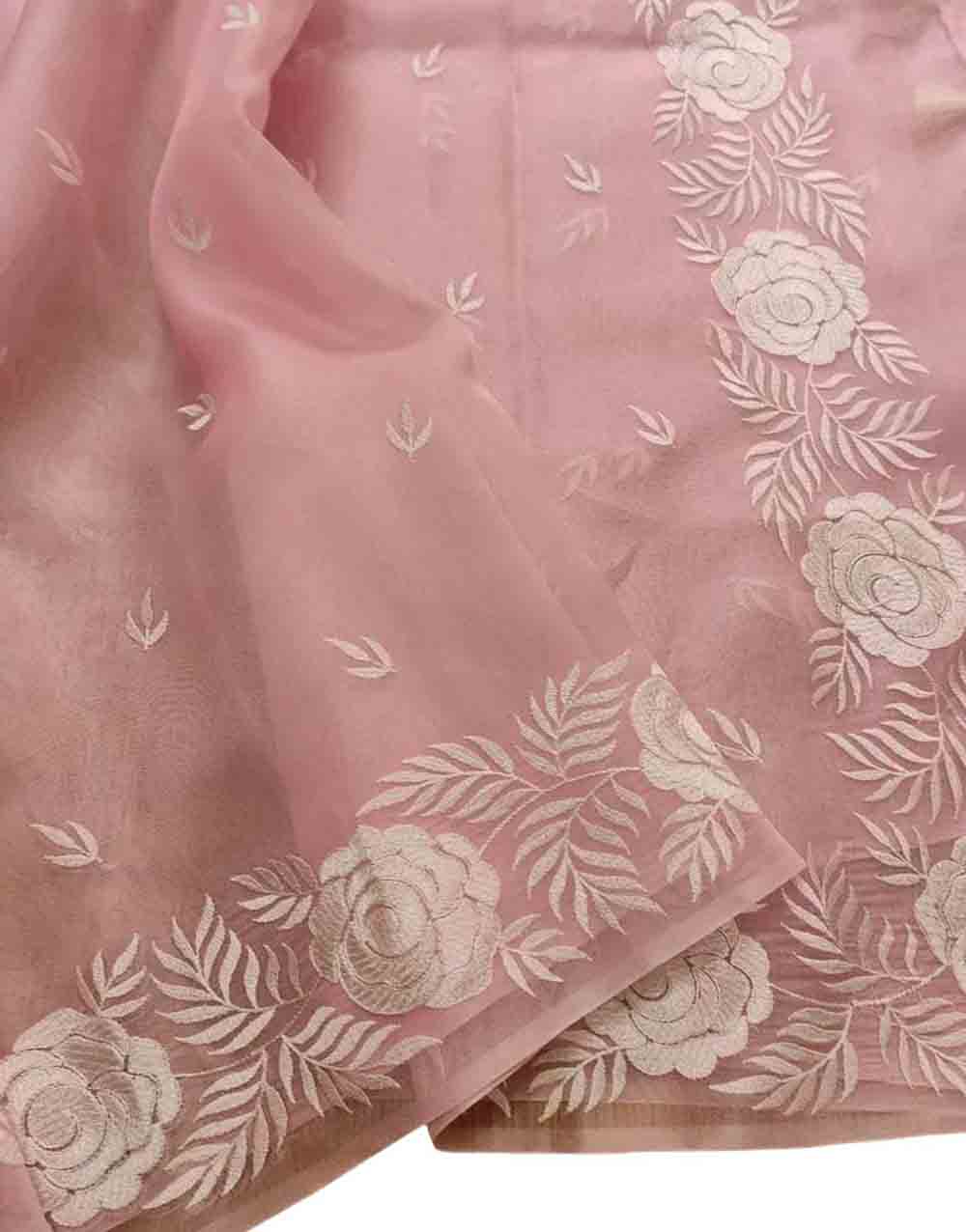 Pink Embroidered Kota Organza Silk Floral Design Saree - Luxurion World