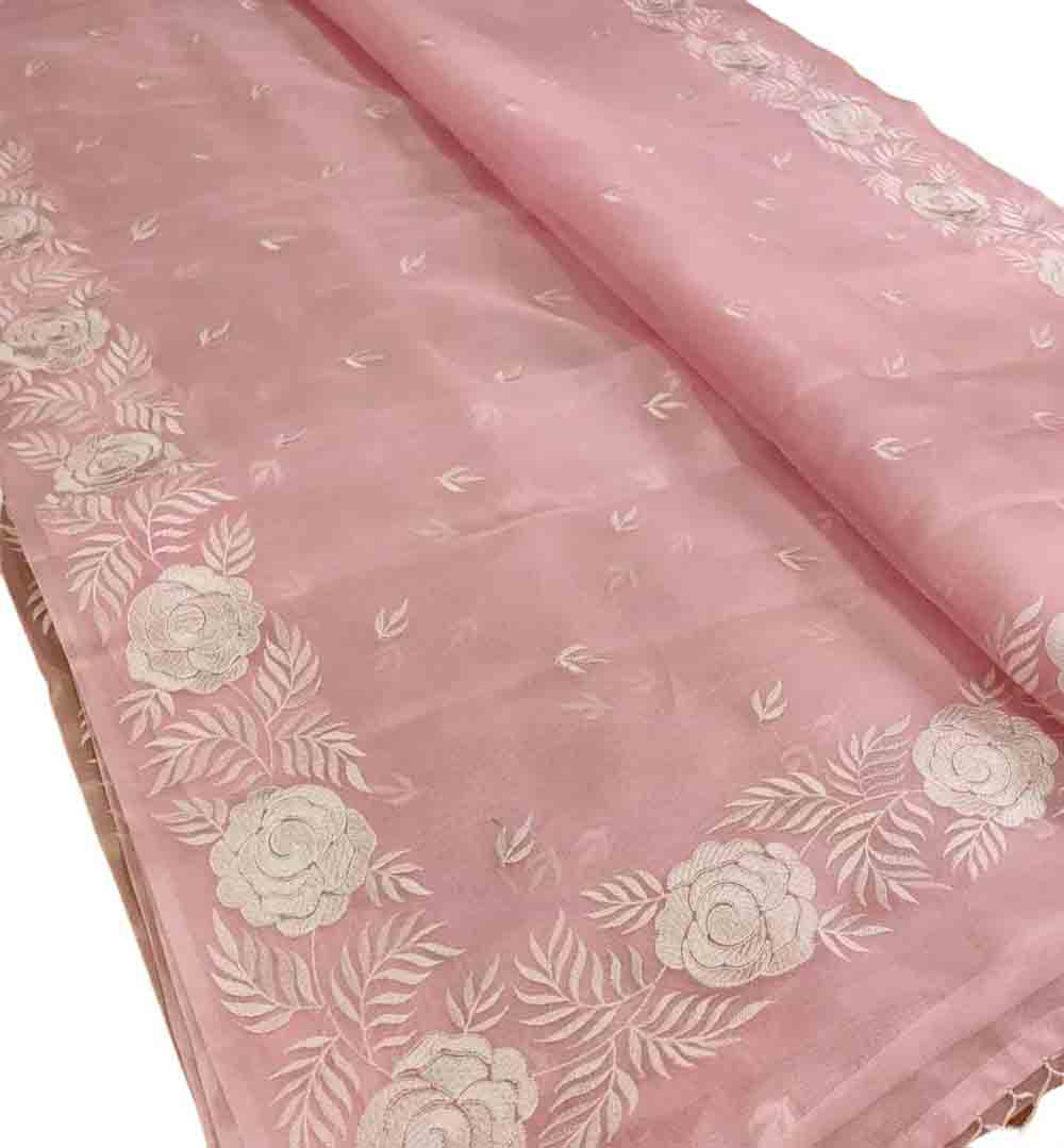 Pink Embroidered Kota Organza Silk Floral Design Saree Luxurionworld