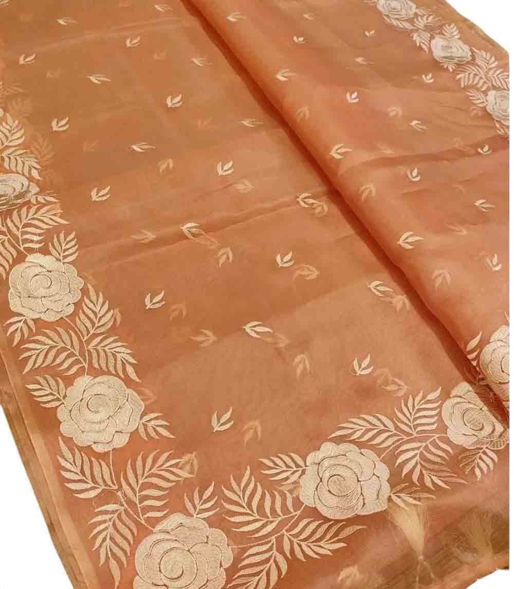 Pink Embroidered Kota Organza Silk Floral Design Saree - Luxurion World