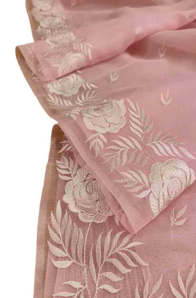 Pink Embroidered Kota Organza Silk Floral Design Saree Luxurionworld