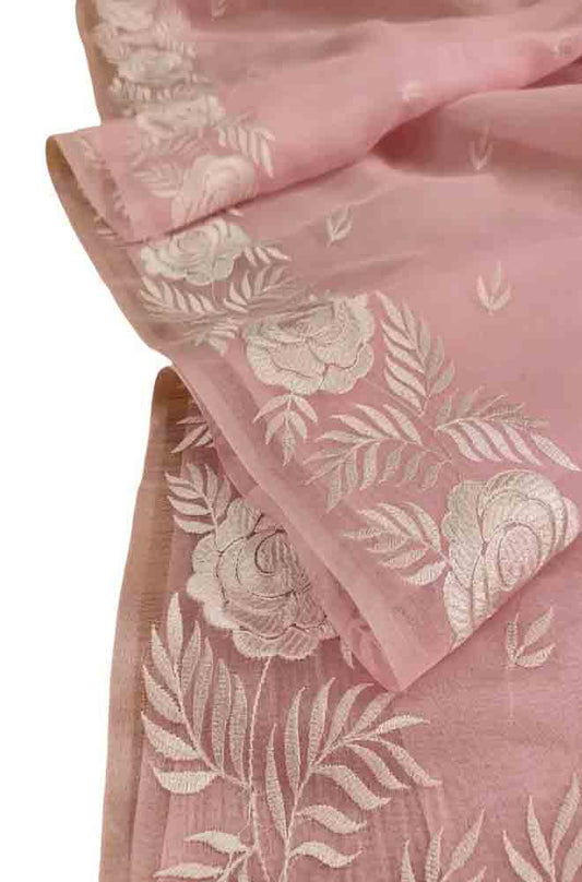 Pink Embroidered Kota Organza Silk Floral Design Saree - Luxurion World