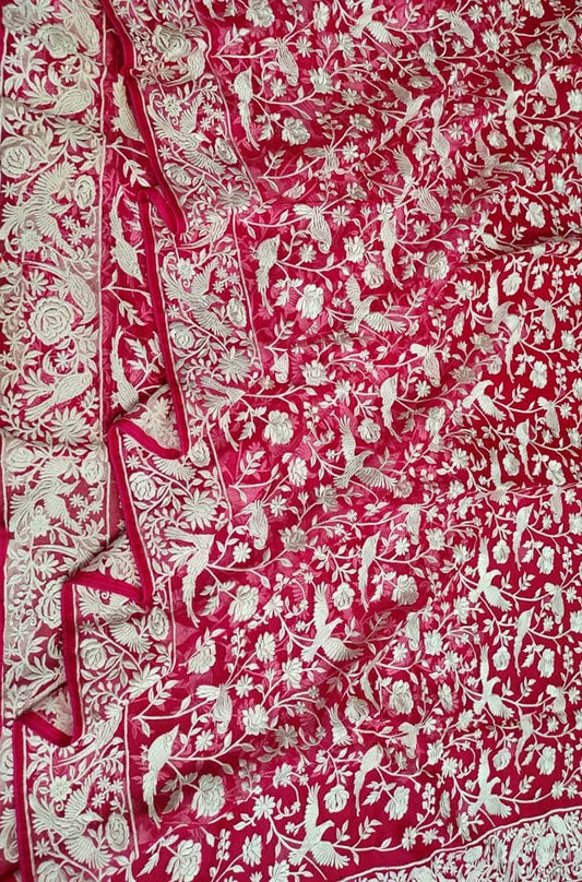 Pink Embroidered Parsi Gara Georgette Floral And Bird Design Saree - Luxurion World
