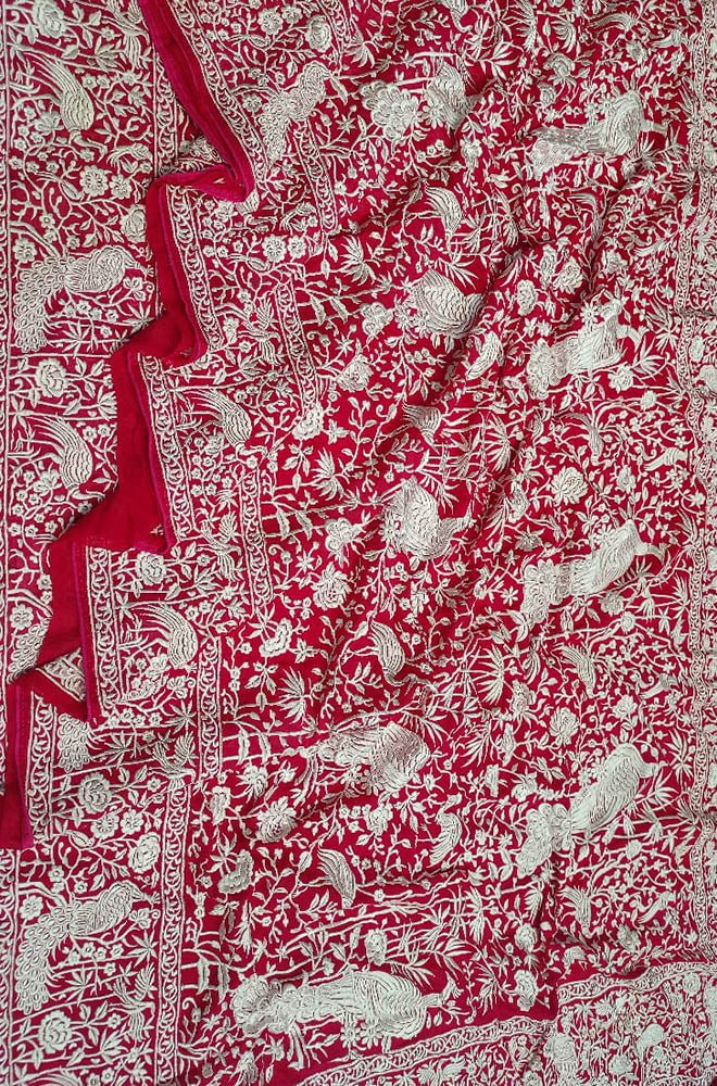 Pink Embroidered Parsi Gara Georgette Floral And Bird Design Saree - Luxurion World