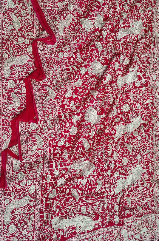 Pink Embroidered Parsi Gara Georgette Floral And Bird Design Saree - Luxurion World