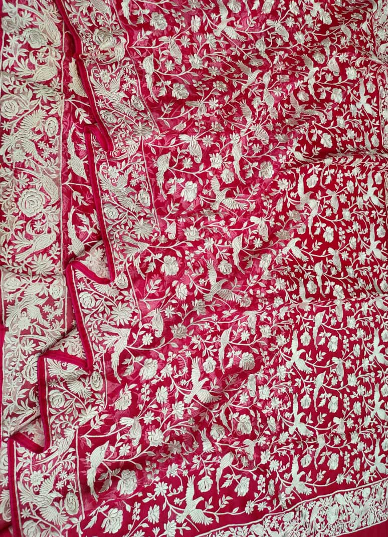 Pink Embroidered Parsi Gara Georgette Floral And Bird Design Saree - Luxurion World