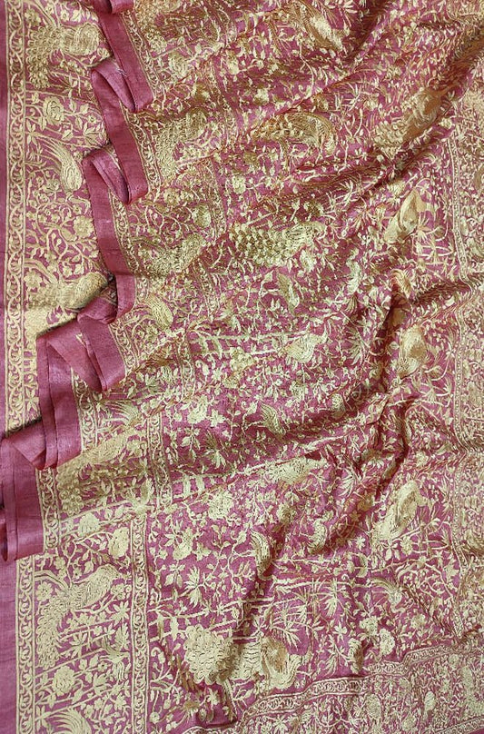 Pink Embroidered Parsi Gara Georgette Floral And Bird Design Saree - Luxurion World