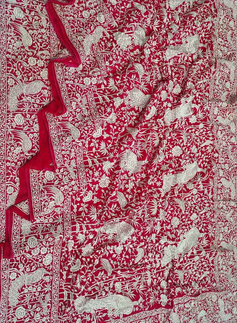 Pink Embroidered Parsi Gara Georgette Floral And Bird Design Saree - Luxurion World