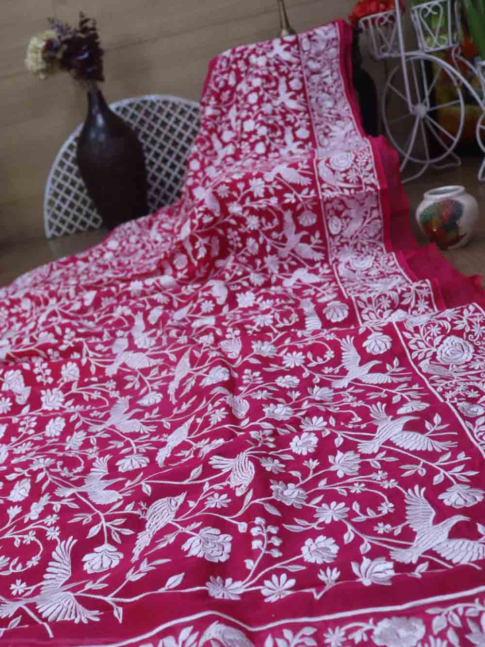 Pink Embroidered Parsi Gara Organza Bird And Flower Design Saree - Luxurion World