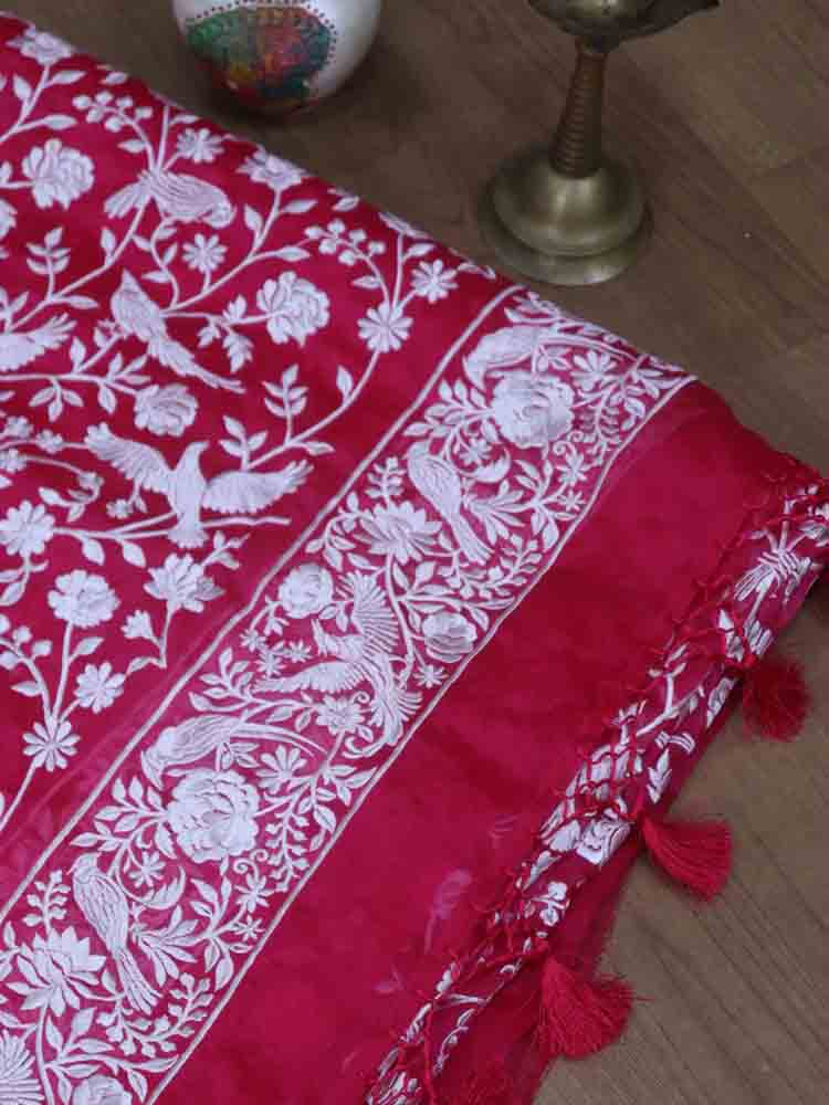 Pink Embroidered Parsi Gara Organza Bird And Flower Design Saree - Luxurion World