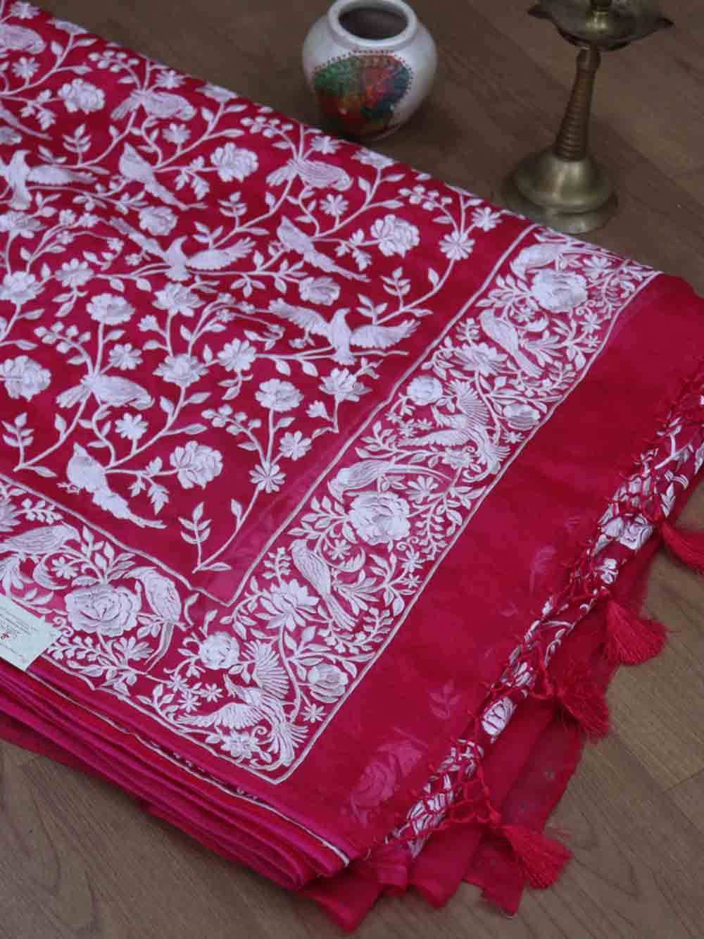 Pink Embroidered Parsi Gara Organza Bird And Flower Design Saree - Luxurion World