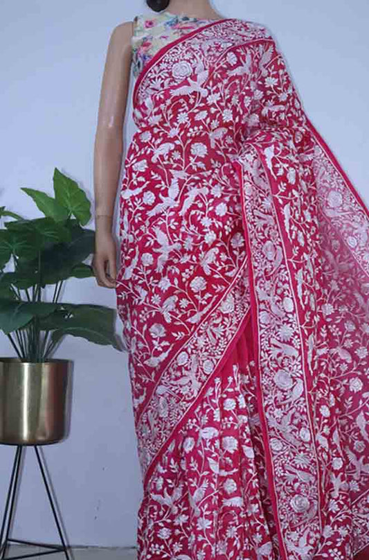 Pink Embroidered Parsi Gara Organza Bird And Flower Design Saree - Luxurion World