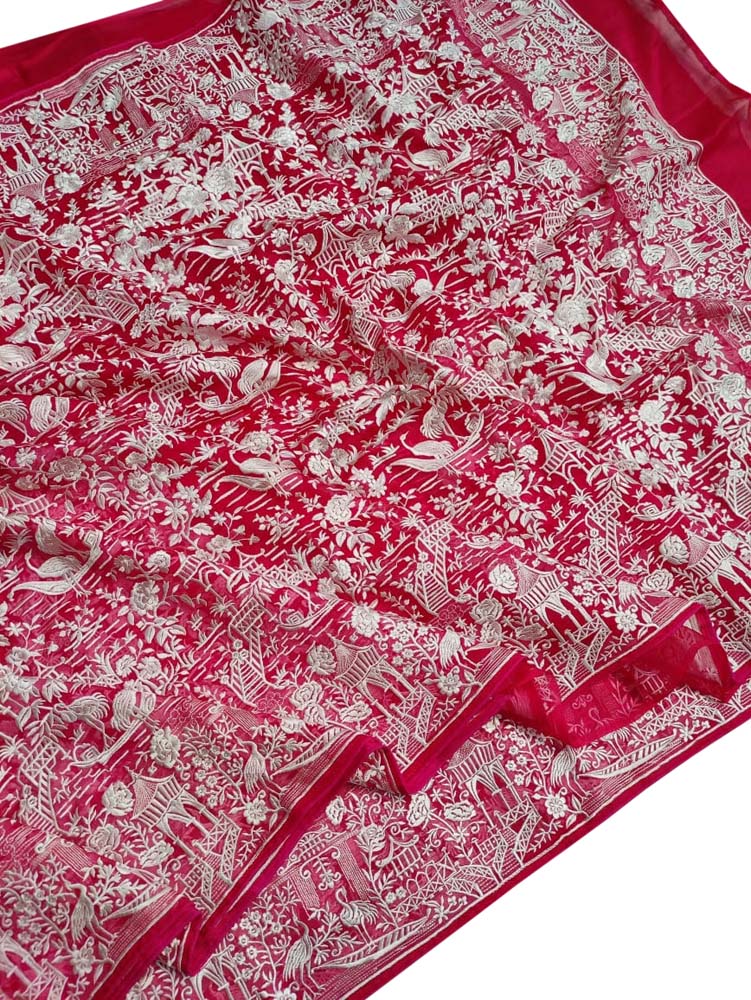 Pink Embroidered Parsi Gara Organza Figure Work Saree - Luxurion World