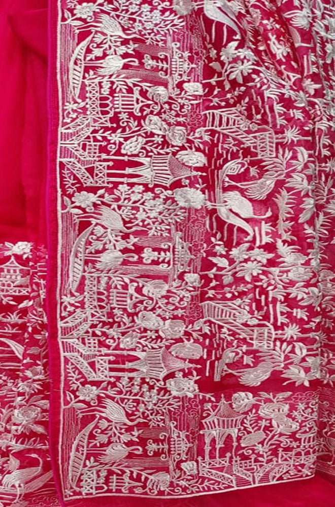 Pink Embroidered Parsi Gara Organza Figure Work Saree
