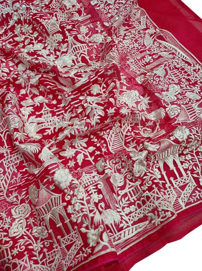 Pink Embroidered Parsi Gara Organza Figure Work Saree