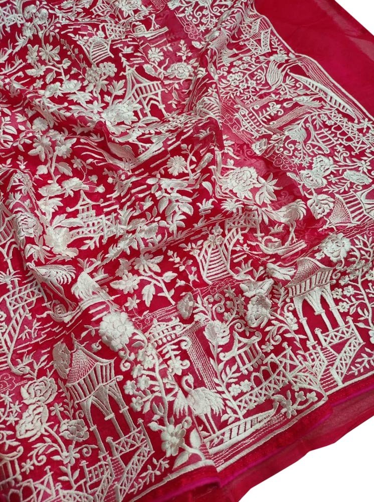 Pink Embroidered Parsi Gara Organza Figure Work Saree - Luxurion World