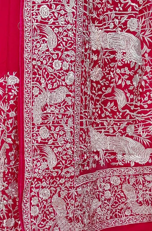 Pink Embroidered Parsi Gara Pure Georgette Floral And Bird Design Saree - Luxurion World