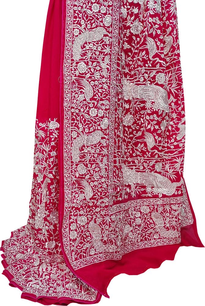 Pink Embroidered Parsi Gara Pure Georgette Floral And Bird Design Saree - Luxurion World
