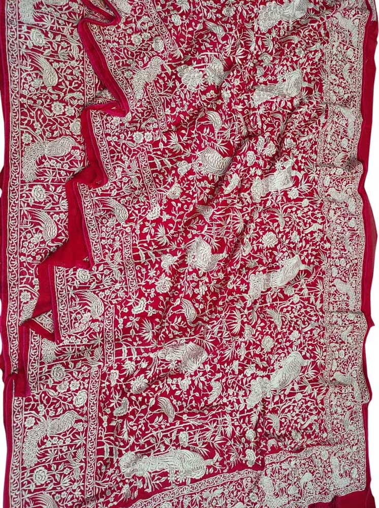 Pink Embroidered Parsi Gara Pure Georgette Floral And Bird Design Saree - Luxurion World