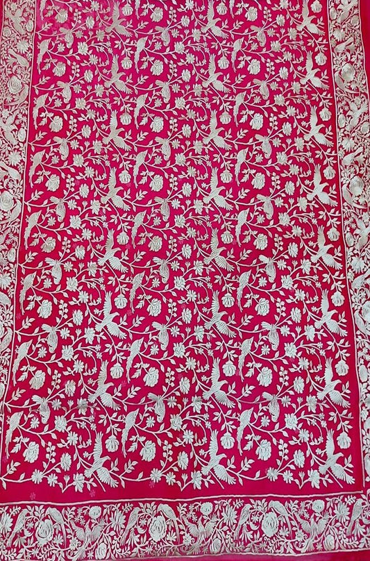 Pink Embroidered Parsi Gara Pure Organza Saree - Luxurion World