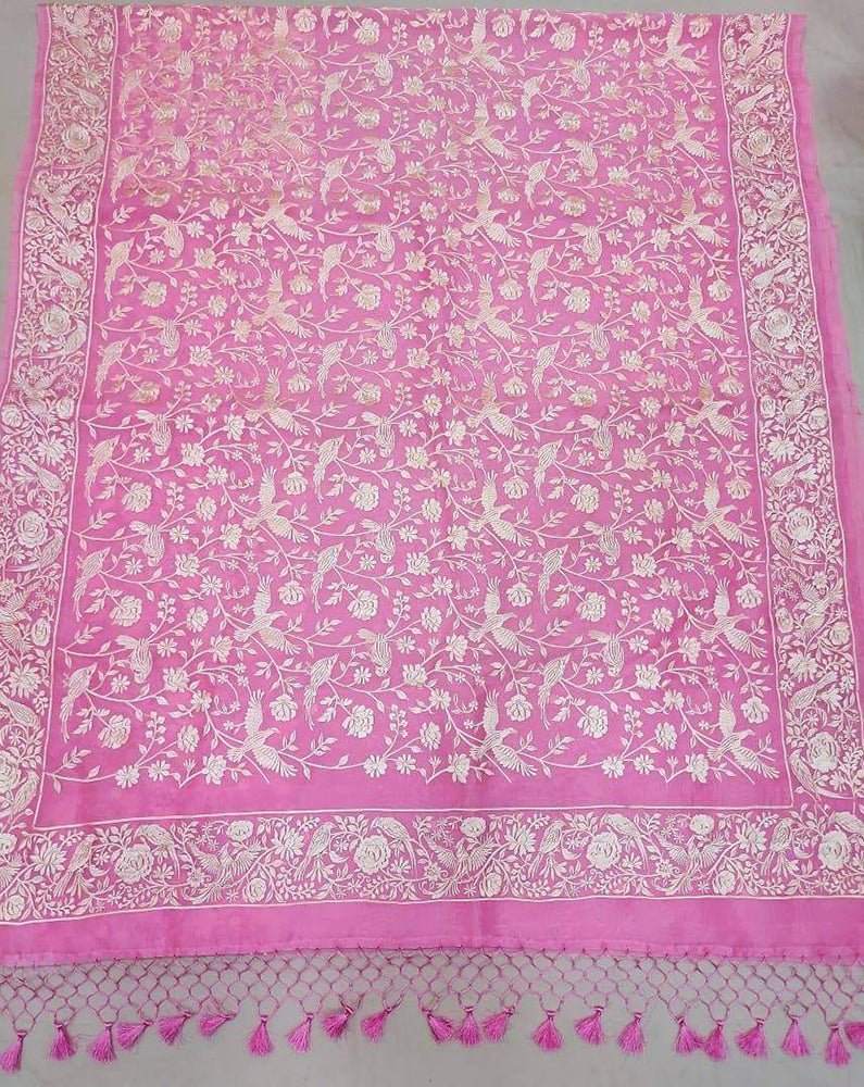 Pink Embroidered Parsi Gara Pure Organza Saree - Luxurion World