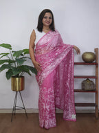 Pink Embroidered Parsi Gara Pure Organza Saree - Luxurion World