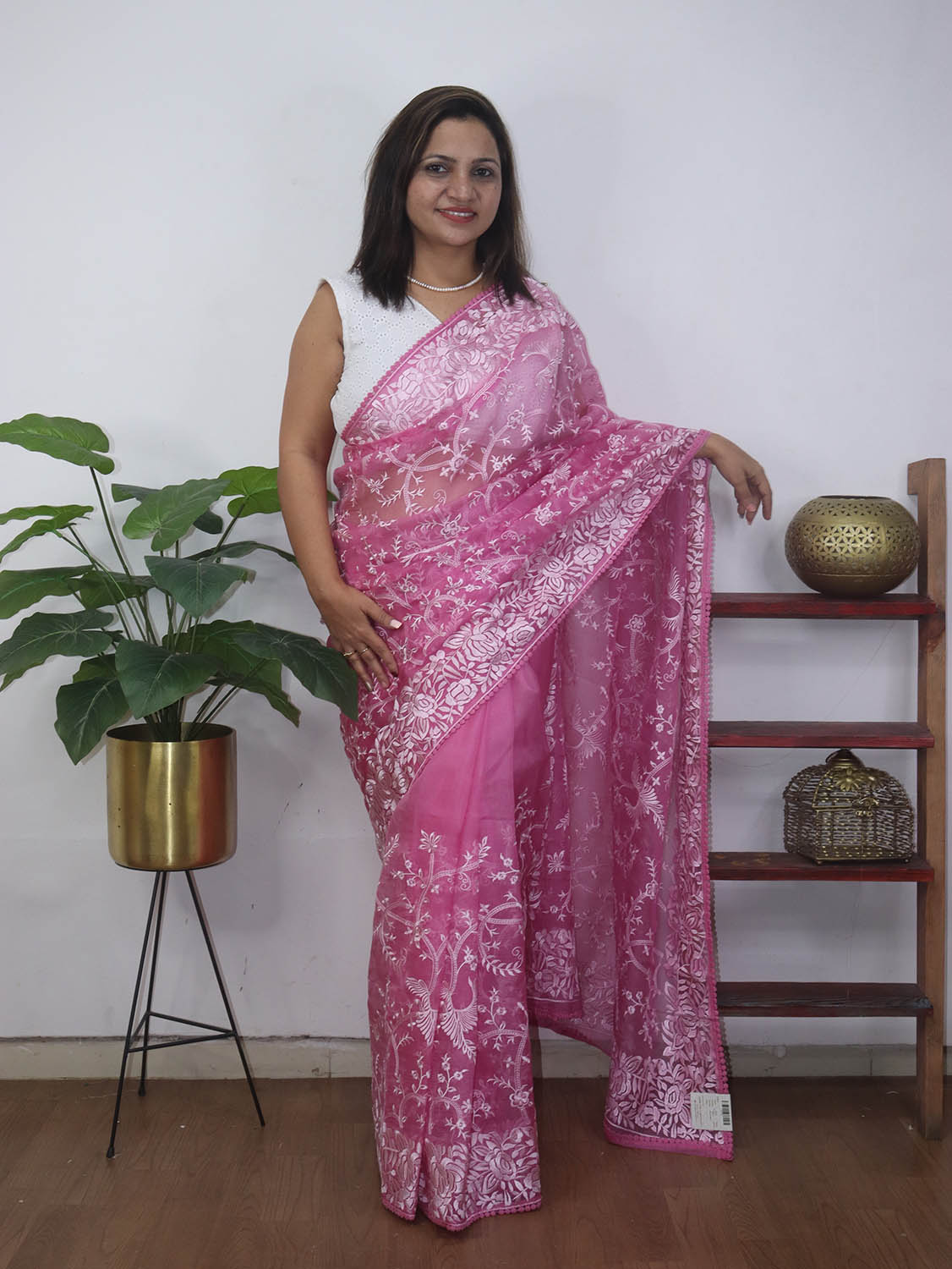 Pink Embroidered Parsi Gara Pure Organza Saree - Luxurion World
