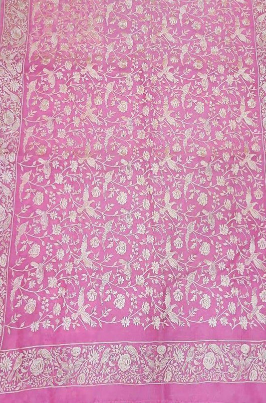 Pink Embroidered Parsi Gara Pure Organza Saree - Luxurion World