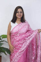 Pink Embroidered Parsi Gara Pure Organza Saree - Luxurion World
