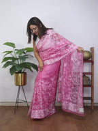 Pink Embroidered Parsi Gara Pure Organza Saree - Luxurion World