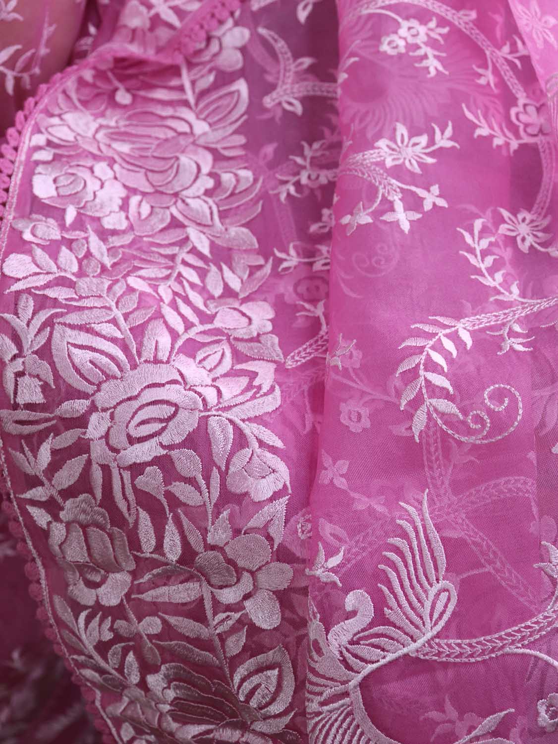 Pink Embroidered Parsi Gara Pure Organza Saree - Luxurion World