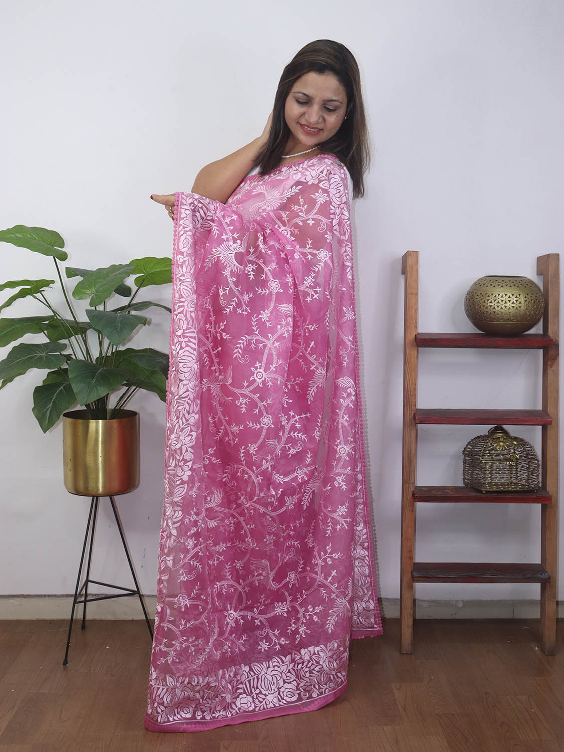 Pink Embroidered Parsi Gara Pure Organza Saree - Luxurion World