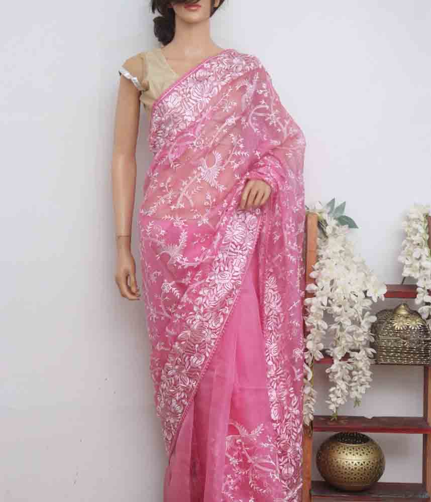 Pink Embroidered Parsi Gara Pure Organza Silk Flower Design Saree - Luxurion World
