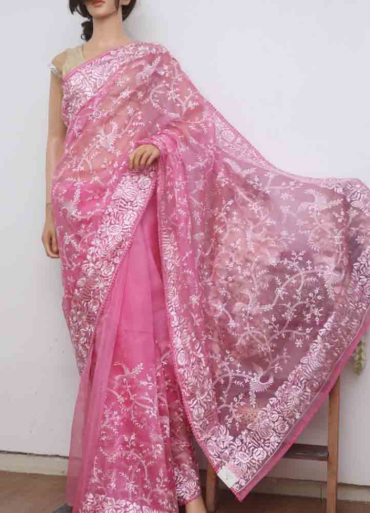 Pink Embroidered Parsi Gara Pure Organza Silk Flower Design Saree - Luxurion World