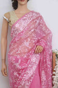 Pink Embroidered Parsi Gara Pure Organza Silk Flower Design Saree - Luxurion World