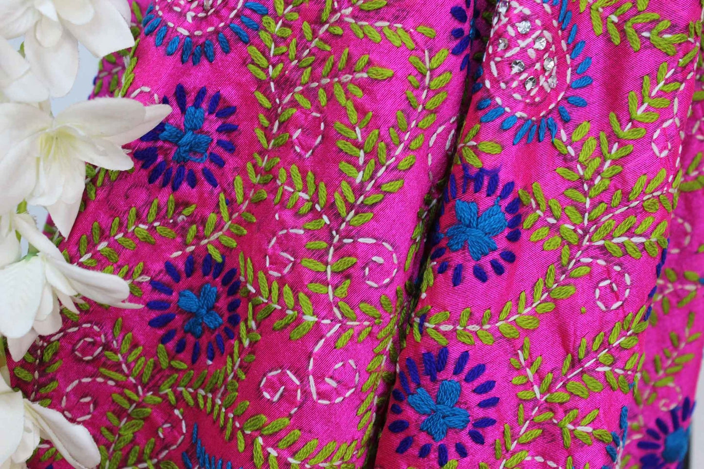 Pink Embroidered Phulkari Chanderi Silk Dupatta With Lace - Luxurion World
