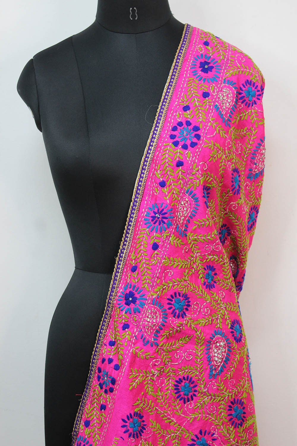 Pink Embroidered Phulkari Chanderi Silk Dupatta With Lace - Luxurion World