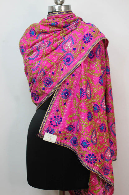 Pink Embroidered Phulkari Chanderi Silk Dupatta With Lace - Luxurion World