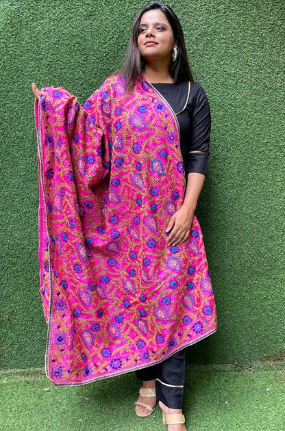 Pink Embroidered Phulkari Chanderi Silk Dupatta With Lace - Luxurion World