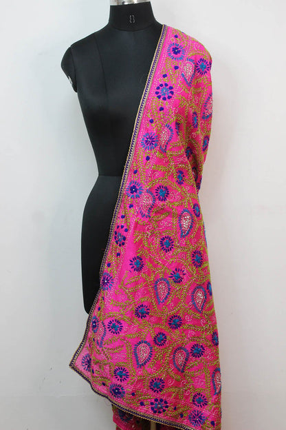 Pink Embroidered Phulkari Chanderi Silk Dupatta With Lace - Luxurion World