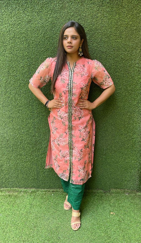 Pink Floral Organza Stitched Kurta - Luxurion World