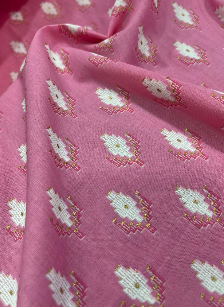 Pink Foil Block Printed Cotton Fabric ( 1 Mtr )
