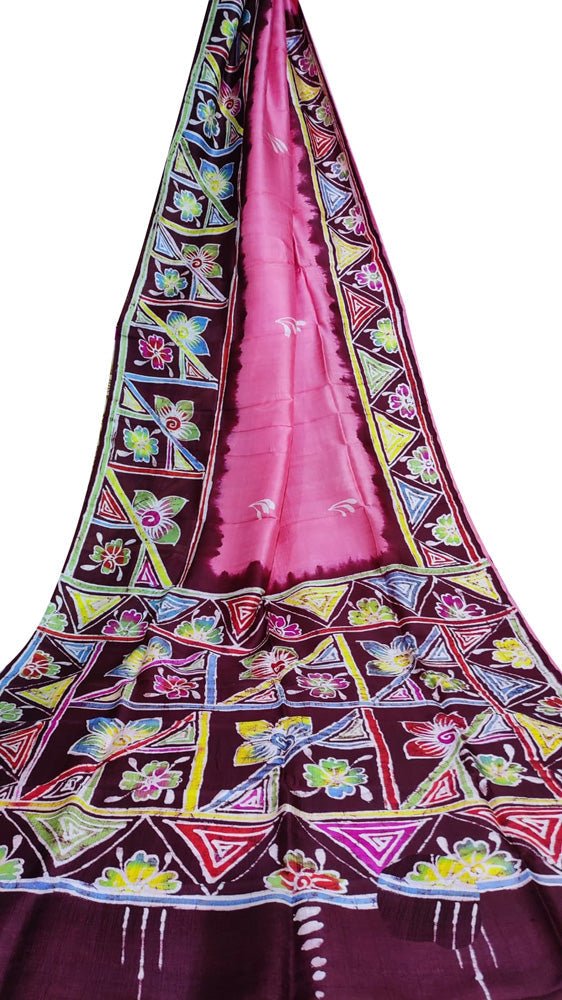 Pink Hand Batik Silk Leaf Design Saree - Luxurion World