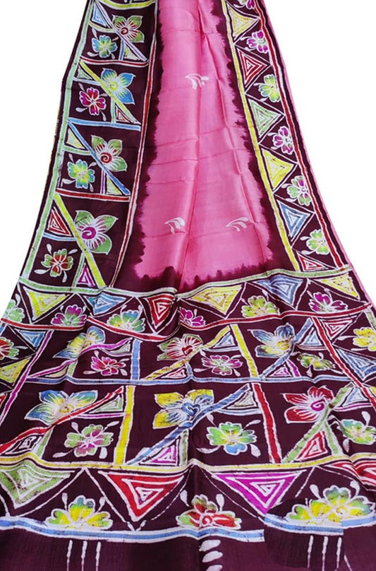Pink Hand Batik Silk Leaf Design Saree - Luxurion World