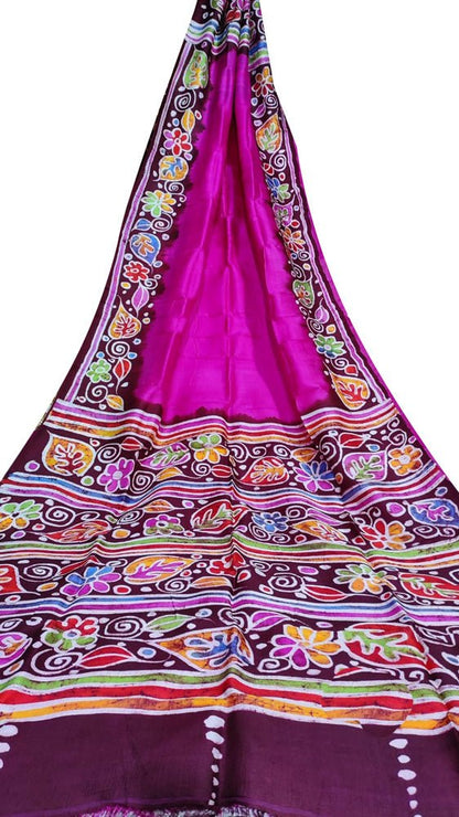 Pink Hand Batik Silk Saree - Luxurion World