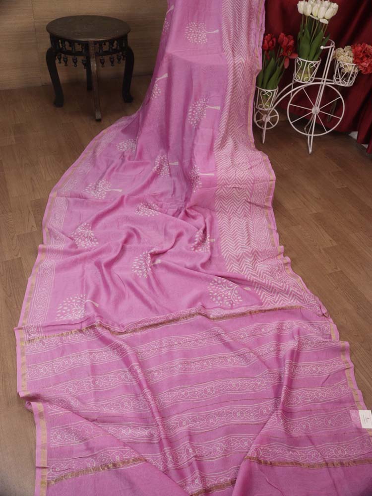 Pink Hand Block Printed Chanderi Silk Saree - Luxurion World